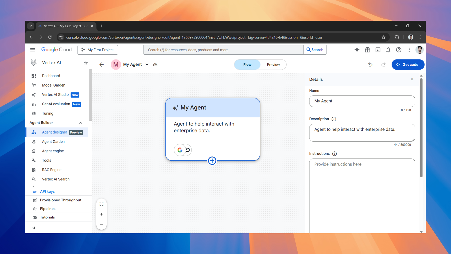 Building and testing AI agent on Vertex AI Agent Designer