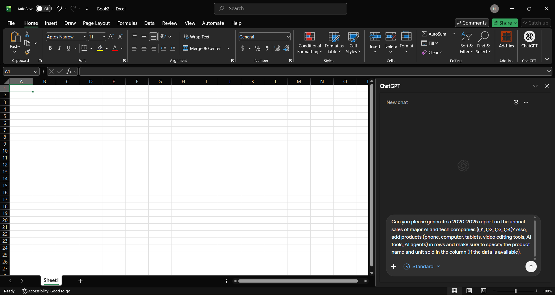 ChatGPT for Excel prompt